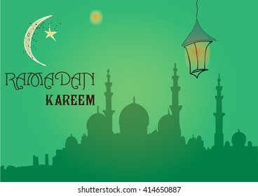 Creative greeting card design for holy month of muslim community festival Ramadan Kareem with moon and hanging lantern, stars on green background.