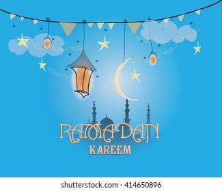 Kreatives Grußkartendesign für den heiligen Monat des Musikfestivals Ramadan Kareem mit Mond und hängender Laterne, Sterne auf blauem Hintergrund.