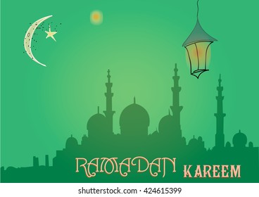 Creative greeting card design for holy month of Muslim community festival Ramadan Kareem with moon and hanging lantern, stars on green background.