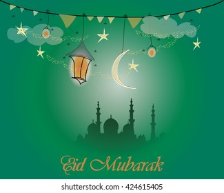 Creative greeting card design for holy month of Muslim community festival Eid Mubarak with moon and hanging lantern, stars on green background.