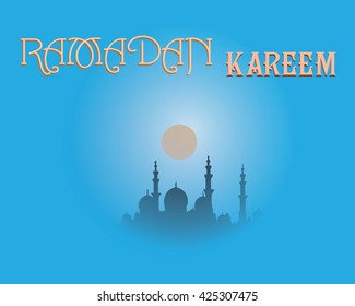 Creative greeting card design for holy month of muslim community festival Ramadan Kareem with moon and hanging lantern, stars on background.