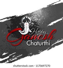 Creative greeting card design with Lord Ganesha face on gray brush stroke background for Ganesh Chaturthi festival celebration.