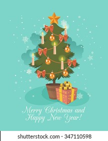 Creative greeting card design with shiny Xmas decorations on stylish background for Merry Christmas celebration and Happy New Year.