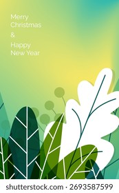 Un diseño creativo de tarjeta de felicitación muestra varias hojas verdes con un fondo vibrante. El texto desea a los espectadores una Feliz Navidad y un Feliz Año Nuevo, añadiendo un toque festivo.