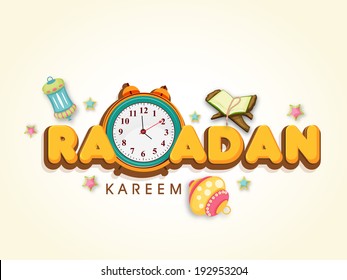 Creative greeting card design with stylish text Ramadan Kareem with arabic lamp, Quran Sharif and clock.  