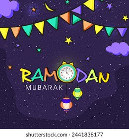 Creative greeting card design with stylish text Ramadan Mubarak with arabic lamp and clock.