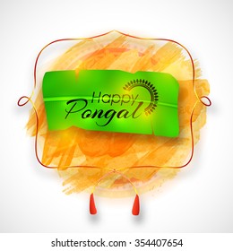 Creative greeting card design with stylish text Happy Pongal on banana leaf for South Indian harvesting festival celebration.