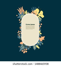 creative greeting card design template with round lable with place for text, rich ornated with stylised flowers and plants