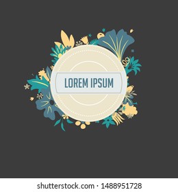 creative greeting card design template with round label with place for text, rich ornate with stylized flowers and plants