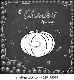 Creative greeting card design with white pumpkin on chalkboard background for Happy Thanksgiving Day celebration.