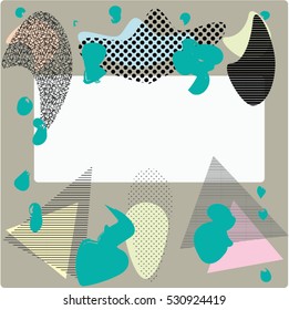 Creative greeting card with frame in the Memphis style. Modern design.  Design for a poster, postcards, invitations, notebooks, notebook covers. Vector