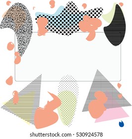 Creative greeting card with frame in the Memphis style. Modern design.  Design for a poster, postcards, invitations, notebooks, notebook covers. Vector