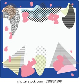 Creative greeting card with frame in the Memphis style. Modern design.  Design for a poster, postcards, invitations, notebooks, notebook covers. Vector