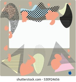 Creative greeting card with frame in the Memphis style. Modern design.  Design for a poster, postcards, invitations, notebooks, notebook covers. Vector