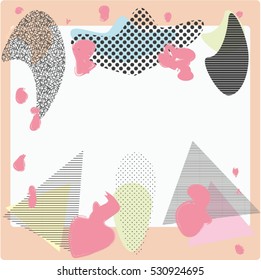 Creative greeting card with frame in the Memphis style. Modern design.  Design for a poster, postcards, invitations, notebooks, notebook covers. Vector