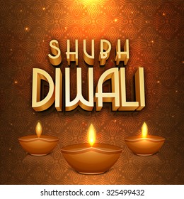 Creative greeting card with glossy 3D text Shubh Diwali (Happy Diwali) and traditional illuminated lit lamps on floral decorated background for Indian Festival of Lights celebration.
