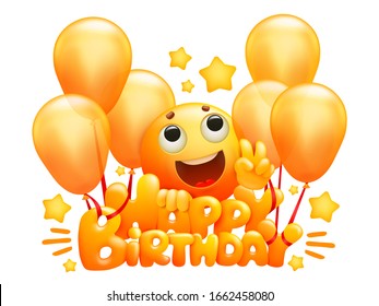 Creative greeting card with happy birthday title and yellow emoji cartoon character flying on balloons. Vector illustration