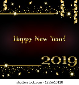 Creative greeting card Happy New Year 2019 on a black background. Luxury gold numbers and text with confetti and shimmering tinsel, serpentine and sparkle stars. Used as a flyer, poster, invitations.