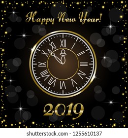Creative greeting card Happy New Year 2019 and Merry Christmas on a black background. Luxury gold watches, numbers and text with shimmering tinsel. Used as a flyer, poster, invitation, postcard.