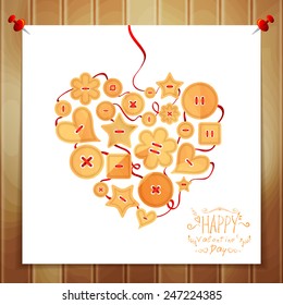 Creative greeting card Happy Valentine's Day. Heart lined with wooden buttons, stitched with red ribbon. A note on a wooden wall. Vector illustration.