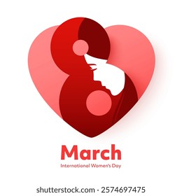 Creative greeting card for March 8 - International Women's Day. Heart shape with number 8 and woman's face inside. Minimalistic design. Ideal for social media post, poster, banner.