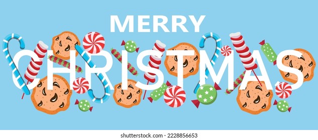 Creative greeting card for Merry Christmas with tasty candies an