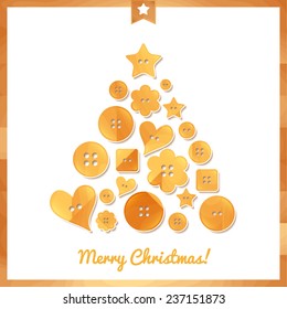 Creative greeting card Merry Christmas and Happy New year 2015. Christmas tree wooden buttons of different shapes. Vector illustration.