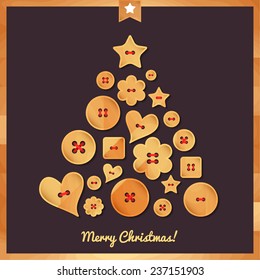 Creative greeting card Merry Christmas and Happy New year 2015. Christmas tree wooden buttons of different shapes. Vector illustration.