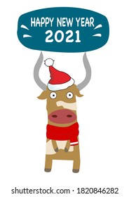 Tarjeta de felicitación creativa. Año Nuevo 2021 con un lindo toro. Símbolo del año en el calendario chino. Ilustración vectorial de una caricatura aislada.