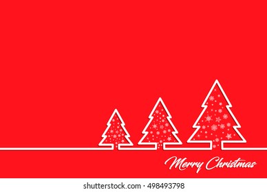 Creative greeting card for New Year and Christmas holidays, on a red background, white contours Christmas trees. Vector graphics. White snowflakes.