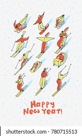 Creative greeting card for New Year. Skiing people in winter on a tubing, snowboard, ski, sleigh . Line vector illustration