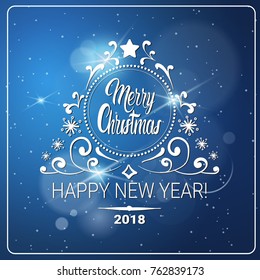 Creative Greeting Card On Blurred Background Merry Christmas And Happy New Year 2018 Concept Vector Illustraion