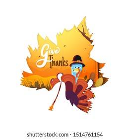 Creative greeting card or poster design with illustration of turkey bird and forest view on maple leaf for Happy Thanksgiving celebration concept.