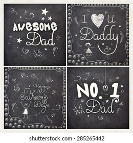 Creative greeting card set with different compliments on chalkboard background for Happy Father's Day celebration. 