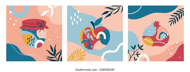 Creative greeting card set with honey, apple and pomegranate. Abstract trendy design for Jewish holiday Rosh Hashanah. Childish cute print template