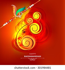 Creative greeting card with shiny illustration of Lord Ganesha face and beautiful rakhi for Happy Raksha Bandhan celebration. 