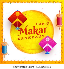 Creative greeting card or template design decorated with kites and string spools for Happy Makar Sankranti festival celebration.