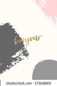 Creative greeting card template for Valentine's Day with abstract brush strokes in pastel colors and modern calligraphy text "Bonjour" ("Hello" in French).