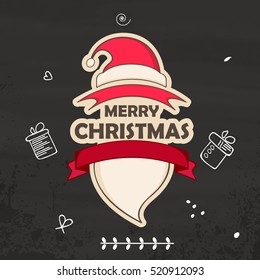 Creative  greeting card ,wallpaper on dark shiny background with illustration of Santa and stylish text of merry Christmas and ribbon design , gift and star decoration