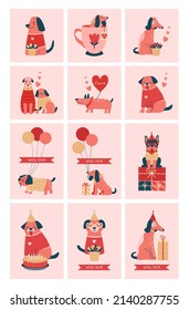 Creative greeting cards template with cute illustrations of different dogs, puppies, ribbons, balloons, gifts, hearts, bouquet of flowers, labels, pie. Set of vector elements in flat romantic style.