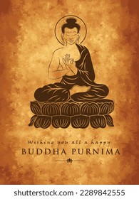 Creative greeting design for Buddha Purnima with the illustration of Buddha sitting on the lotus flower.