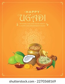 Diseño creativo de saludos con la ilustración de varios elementos festivos para Ugadi o Año Nuevo, en los estados de Andhra Pradesh, Telangana y Karnataka en India