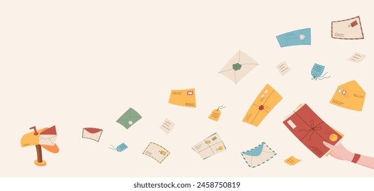 Creative greeting post card and letter background, flat handwritten mail fling out mailbox illustration, cartoon hand holds craft envelope design template, trendy style sending paper letter concept.