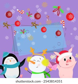 Cartaz de saudação criativa com heróis dos desenhos animados. Ilustração de boneco de neve, leitão e pinguim no fundo com flocos de neve, bengalas doces. Pode ser usado para cartões postais, cartões comemorativos, folhetos