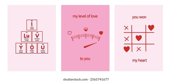 Creative greeting valentines day card. Tic-Tac-Toe, periodic table , speedometer concept. Pink, red, heart. Love, couple, cute banner modern design. Vector illustration