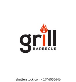 creative grill barbecue text with fire and fork for food or restaurant logo