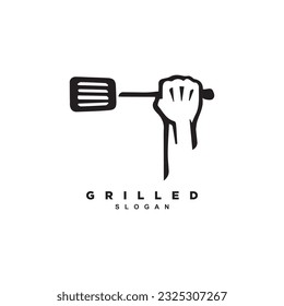 Creative grill spatula logo design. Raised hand holding spatula logo for your brand or business