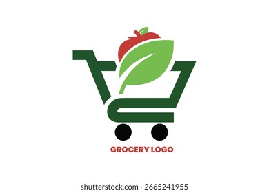 Diseño creativo del logotipo de la tienda de comestibles – hoja y tomate en Carrito de compras