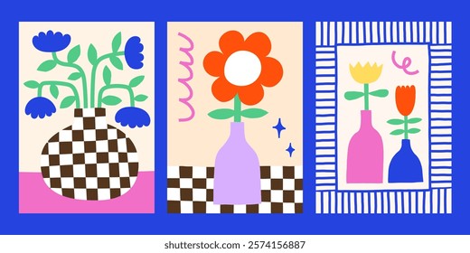 Creative groovy flowers in vases vector posters design set. Bright playful colorful checkered abstract print templates