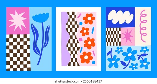 Creative groovy flowers vector posters design set. Bright playful colorful checkered abstract print templates